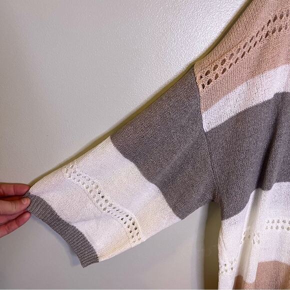 NWOT Amazon V Neck Colorblock Pink, White, Grey Striped Eyelet 3/4 Sleeve XL - Picture 2 of 6